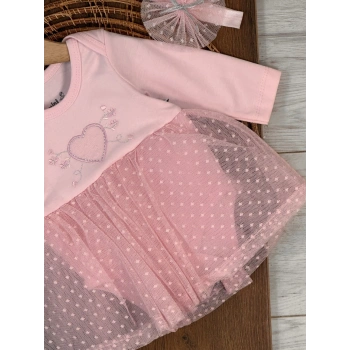 Pamuklu Kalp Nakışlı Kız Bebek Elbise