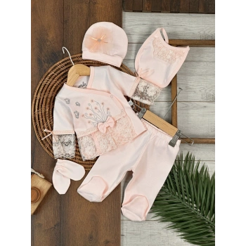 Pamuklu Nakışlı Dantelli Kiz Bebek 5li Hastane Çıkış Seti