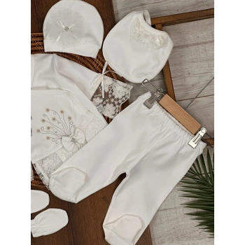 Pamuklu Nakışlı Dantelli Kiz Bebek 5li Hastane Çıkış Seti