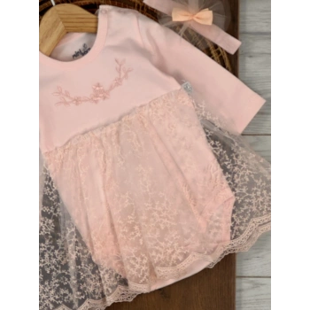 Pamuklu Nakışlı Dantelli Kız Bebek Tulum