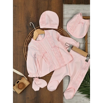 Pamuklu Nakışlı Kız Bebek 5li Hastane Çıkış Seti