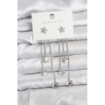 Papatya Model Gümüş Renk Pirinç Sallantılı Kadın Küpe - TJ-BKP11466