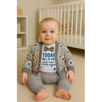 Papyonlu Bear Çizgili Model Ceketli 3lü Erkek Bebek Takımı