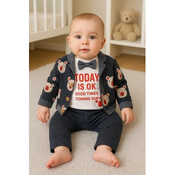 Papyonlu Bear Çizgili Model Ceketli 3lü Erkek Bebek Takımı