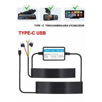 Park Modu Kablosu Type-c Akü Sigorta Bağlantı Kablosu Araç İçi Kamera Tüm Kameralara Uyumlu