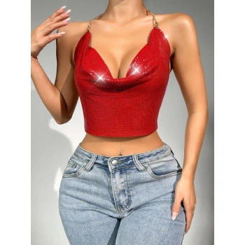 Parlak Kırmızı Crop & Bluz Kolsuz Kayık Yaka Zırh Büstiyer