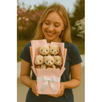 Peluş Ayıcık Buketi A.Kahve – 5’li Sevimli Teddy Bear Aranjmanı | Hediyelik ve Dekoratif