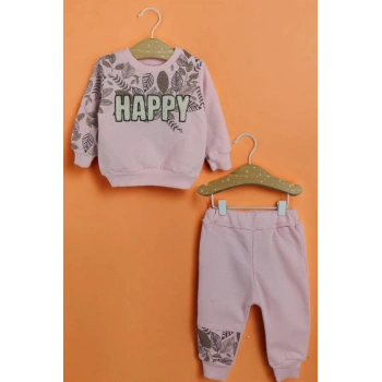 PEMBE BİSİKLET YAKA UZUN KOLLU  LASTİKLİ BEL PAÇA ŞAPKALI KIZ ÇOCUK & BEBEK ALT ÜST TAKIM