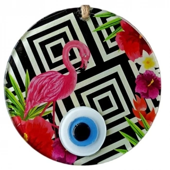 Pembe Flamingolu Çiçekli Nazar Boncuklu 15 Santimetre Çapında Duvar Süsü