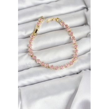 Pembe Kare Zirkon Taşlı Gold Renk Pirinç Su Yolu Kadın Bileklik - TJ-BB8324