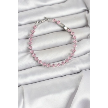 Pembe Kare Zirkon Taşlı Gümüş Renk Pirinç Su Yolu Kadın Bileklik - TJ-BB8323
