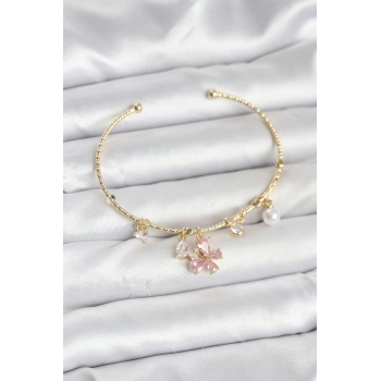 Pembe Kelebek Charmlı Gold Renk Kadın Bileklik - TJ-BB8031