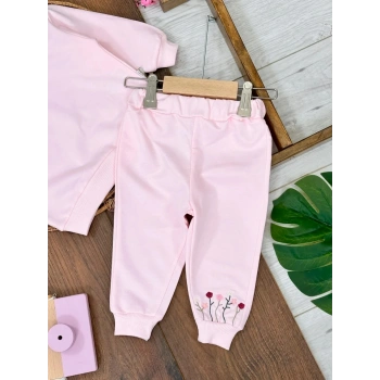 Pembe Kız Bebek Pamuklu Nakışlı Çiçek İşlemeli Lastikli Paça 2 İplik Takım