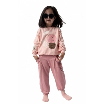 Pembe Renk %100 Pamuklu Gabardin Pantolon Likralı Cepli Kız Çocuk Takım