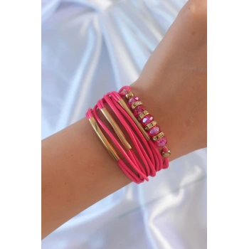 Pembe Renk Zirkon Taşlı Metal Aksesuarlı İpli Çoklu Bileklik - TJ-BB6357