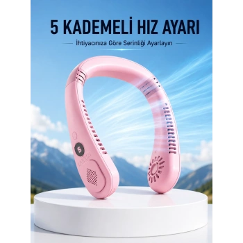 Pembe Taşınabilir Boyun Fanı Ergonomik Tasarım Çok Kademeli Hava Akışı