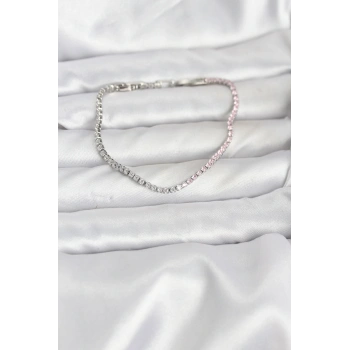 Pembe ve Beyaz Zirkon Taşlı Gümüş Renk Su Yolu Kadın Bileklik - TJ-BB8149
