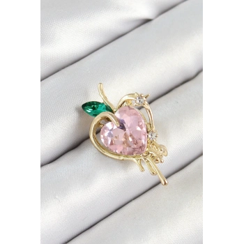 Pembe Ve Yeşil Zirkon Taşlı 3D Eriyen Kalp Figürlü Gold Renk Kadın Broş - TJ-BR438