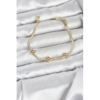 Pembe Yonca Detaylı Zirkon Taşlı Gold Renk Pirinç Su Yolu Kadın Bileklik - TJ-BB8327