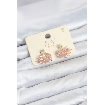 Pembe Zirkon Taşlı Gold Swan Kuğu Model Kadın Küpe TJ-BKP11942