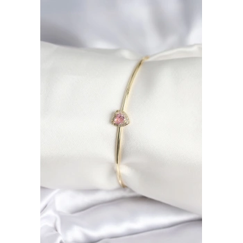 Pembe Zirkon Taşlı Kalp Model Gold Renk Kadın Bileklik - TJ-BB8001
