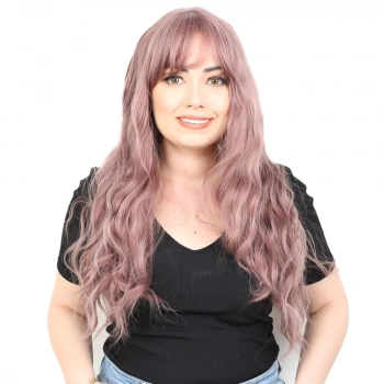 Perçemli Uzun Su Dalgası Fiber Sentetik Peruk- Gül Kurusu