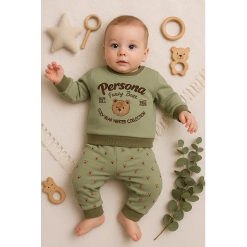 Persona Bear Nakışlı % 100 Pamuk 2li Erkek Bebek Takım