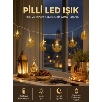 Pilli Minareli Hilal Led Işık Gold Metal Ramazan Dekorasyonu