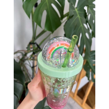 Pink Suluk Pipetli Buzlu Cam Görünümlü Led Işıklı 450 ML Çift Katman Mika 2103 Yeşil