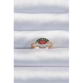 Pirinç Altın Renk Renkli Zirkon Taşlı Ayarlanabilir Yüzük - TJ-BYK3295