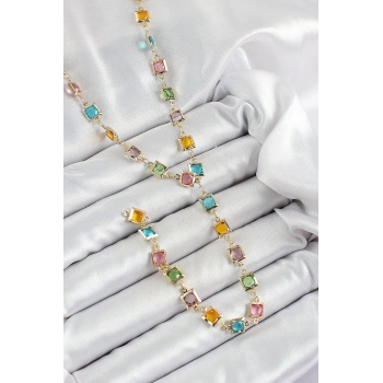 Pirinç Asorti Kare Model Gold Renk Zirkon Taşlı Y Kolye - TJ-BKO10253