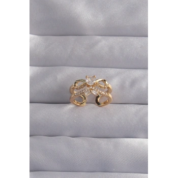 Pirinç Ayarlamalı Gold Renk Zirkon Taşlı 2li Görünüm Fiyonk Yüzük - TJ-BYK3287