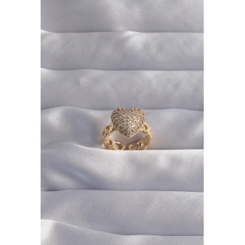 Pirinç Ayarlamalı Gold Renk Zirkon Taşlı Bombeli Kalp Yüzük - TJ-BYK3281