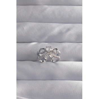 Pirinç Ayarlamalı Gümüş Renk Zirkon Taşlı 2li Görünüm Fiyonk Yüzük - TJ-BYK3288