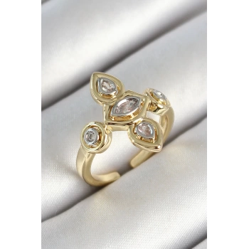 Pirinç Beş Taş Trend Figür Zirkon Taşlı Gold Renk Ayarlanabilir Kadın Yüzük - TJ-BYK3789