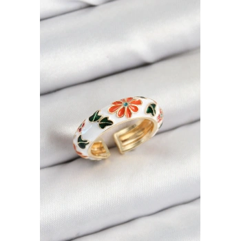 Pirinç Beyaz Mineli Çiçek Motifli Gold Renk Ayarlanabilir Kadın Yüzük - TJ-BYK3806