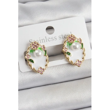 Pirinç Beyaz Mineli İnci Detaylı Sanatsal Portre Model Gold Renk Kadın Küpe - TJ-BKP10689