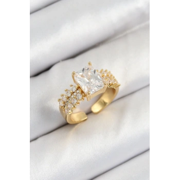 Pirinç  Büyük Zirkon Taşlı Model Gold Renk Kadın Yüzük - TJ-BYK3800