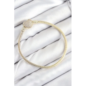 Pirinç Charm Zirkon Taşlı Kalp Model Gold Renk Kadın Bileklik - TJ-BB7809