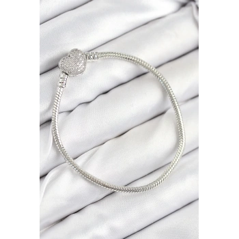 Pirinç Charm Zirkon Taşlı Kalp Model Gümüş Renk Kadın Bileklik - TJ-BB7803