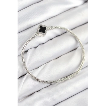 Pirinç Charm Zirkon Taşlı Yonca Model Gümüş Renk Kadın Bileklik - TJ-BB7800