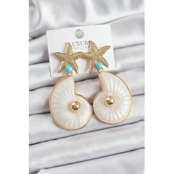 Pirinç Deniz Yıldızı Ve Deniz Kabuğu Figürlü Gold Renk Kadın Küpe - TJ-BKP10737