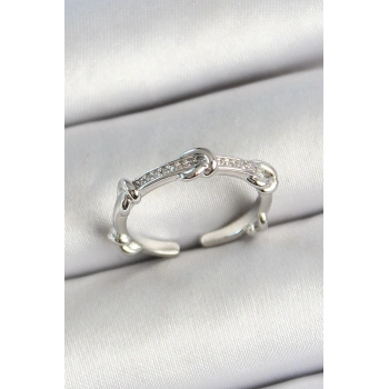 Pirinç Düğüm Figürlü Zirkon Taşlı Gümüş Renk Ayarlanabilir Kadın Yüzük - TJ-BYK3777