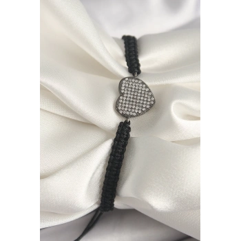 Pirinç Füme Renk Zirkon Taşlı Kalp Figür Asansörlü Makrome Model Kadın Bileklik - TJ-BB6794