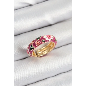 Pirinç Fuşya Mineli Çiçek Motifli Gold Renk Ayarlanabilir Kadın Yüzük - TJ-BYK3807