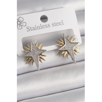 Pirinç Gold Gümüş Renk Zirkon Taşlı Kutup Yılıdız Model Kadın Küpe - TJ-BKP9874