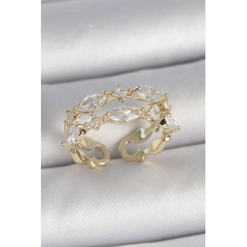 Pirinç Gold Renk 2Li Damla Zirkon Taşlı Ayarlanabilir Kadın Yüzük - TJ-BYK3749