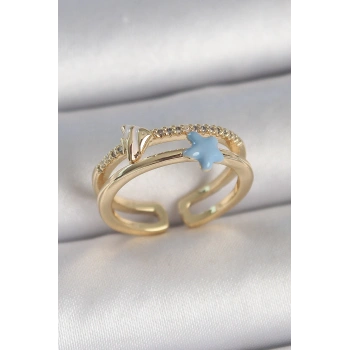 Pirinç Gold Renk 2Li Zirkon Taşlı Mavi Yıldız Figür Ayarlanabilir Kadın Yüzük - TJ-BYK3739