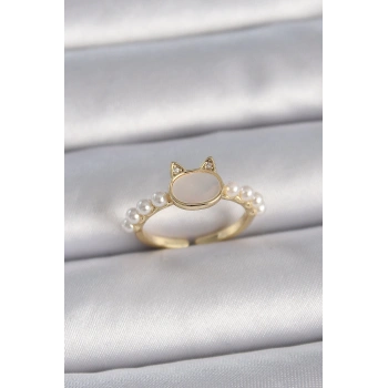 Pirinç Gold Renk Ayarlanabilir Beyaz Mineli Kedi Model İnci Detay Kadın Yüzük - TJ-BYK3386
