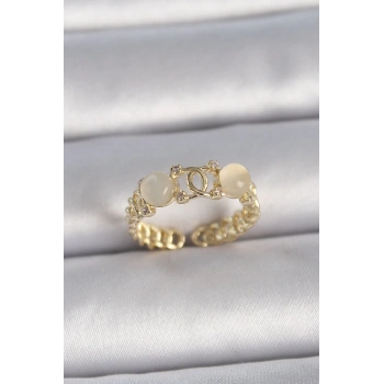 Pirinç Gold Renk Ayarlanabilir Zirkon Taşlı Beyaz Mineli Birleşik Halka Model Kadın Yüzük - TJ-BYK3402